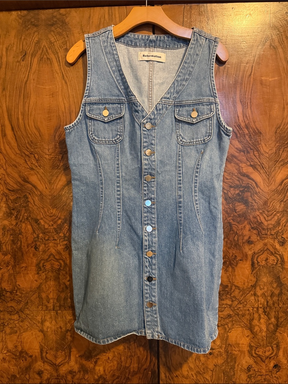 Reformation Light Blue Sleeveless Denim Button Dress